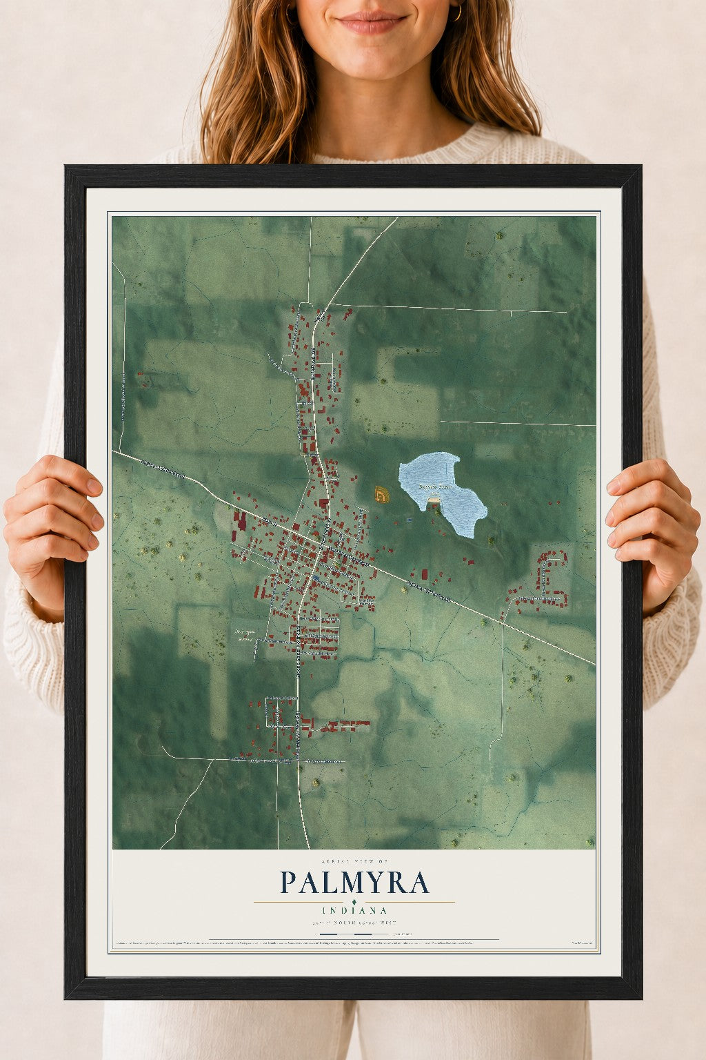 Map of Palmyra, Indiana, 18 x 24 inch print in a black wood frame