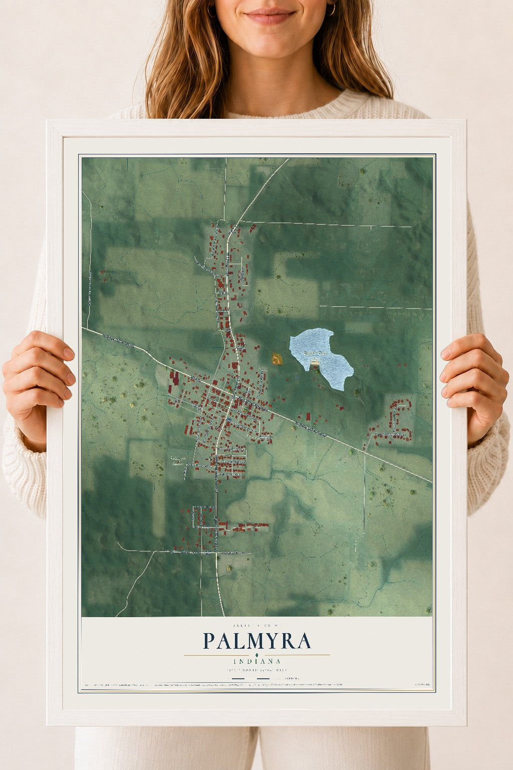 Map of Palmyra, Indiana, 18 x 24 inch print in a white wood frame
