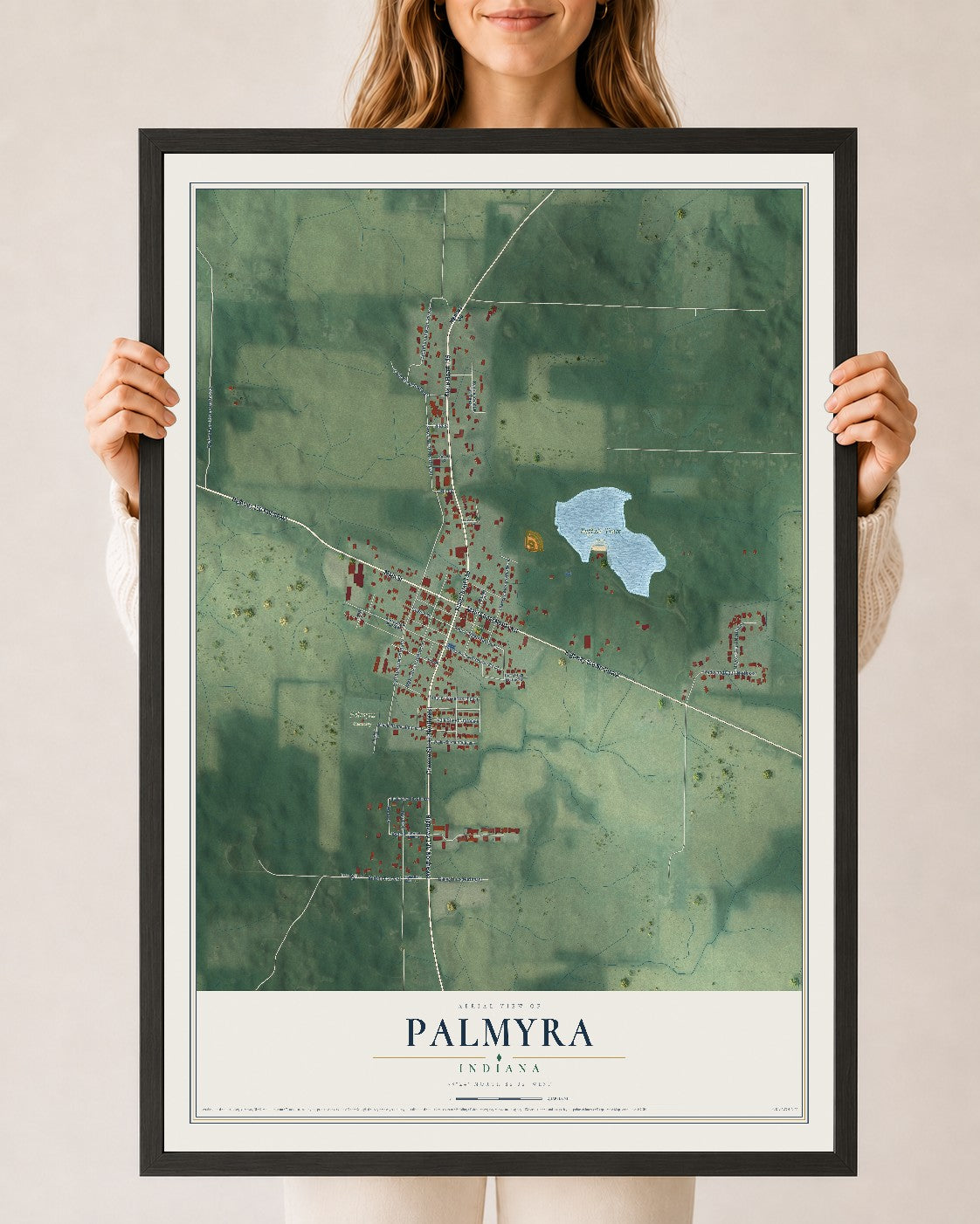 Map of Palmyra, Indiana, 24 x 36 inch print in a black wood frame