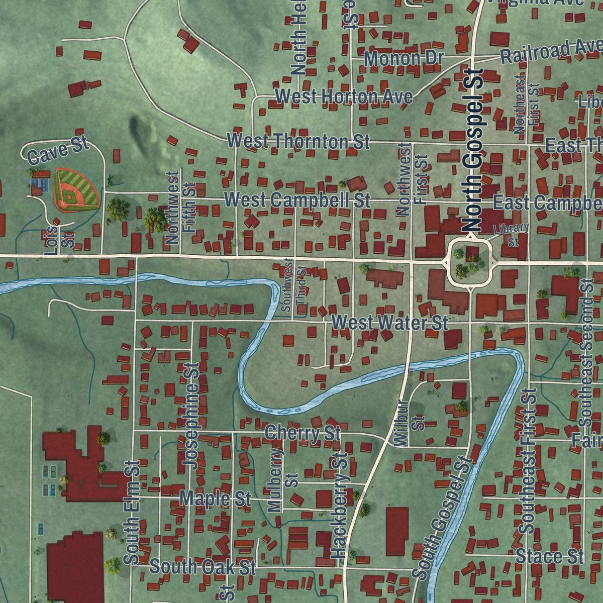 Close-up of the map of Paoli, Indiana print showing street and building detail