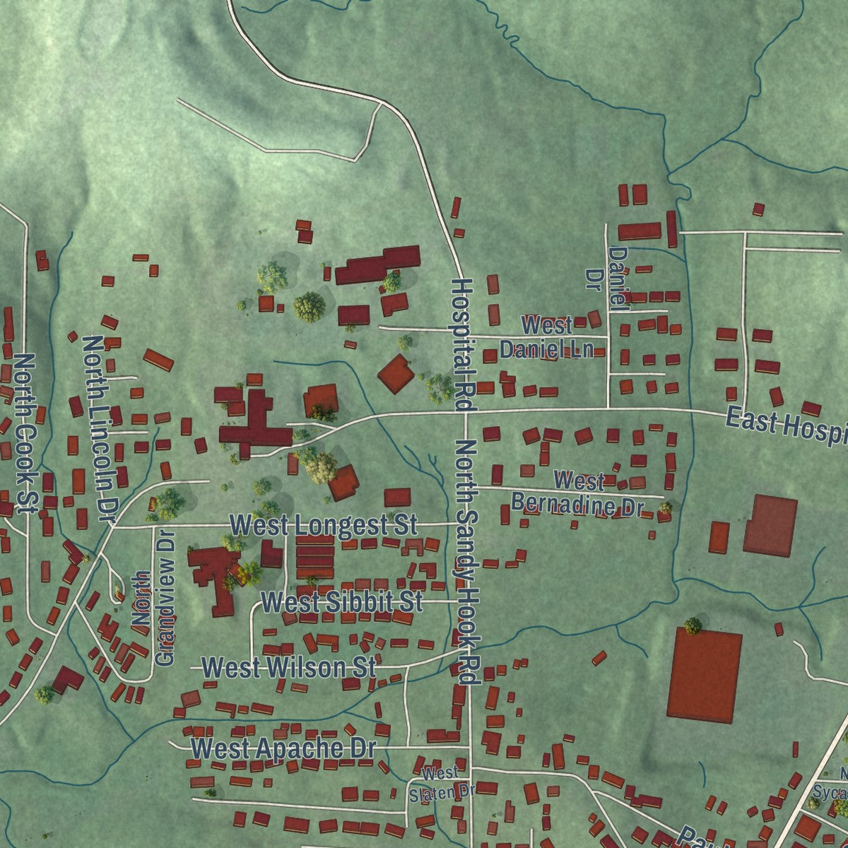 Second close-up of the map of Paoli, Indiana print showing more streets and buildings