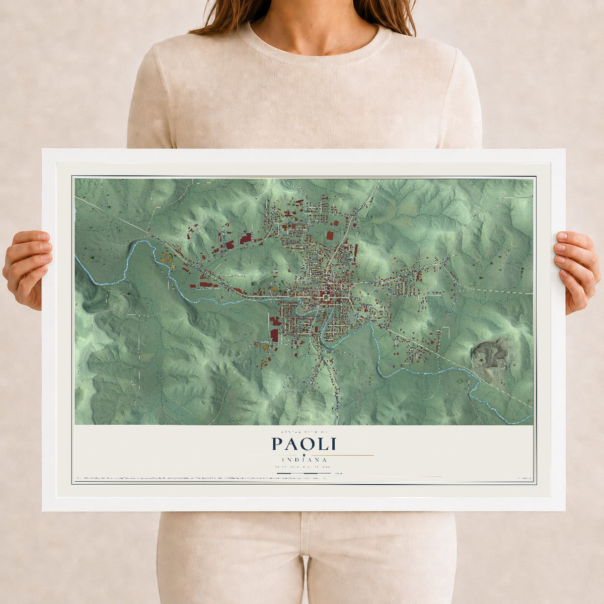 Map of Paoli, Indiana, 12 x 18 inch print in a white wood frame