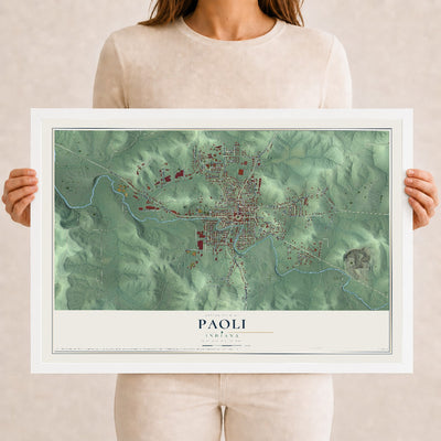 Map of Paoli, Indiana, 12 x 18 inch print in a white wood frame
