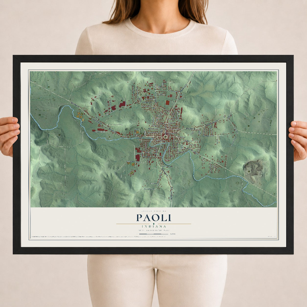 Map of Paoli, Indiana, 18 x 24 inch print in a black wood frame