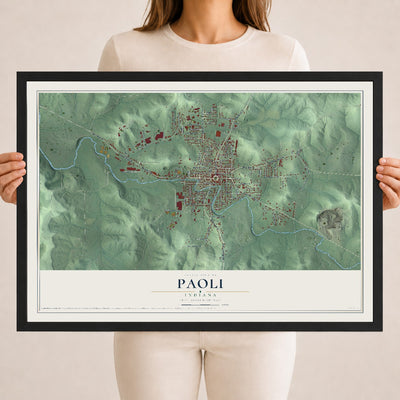 Map of Paoli, Indiana, 18 x 24 inch print in a black wood frame