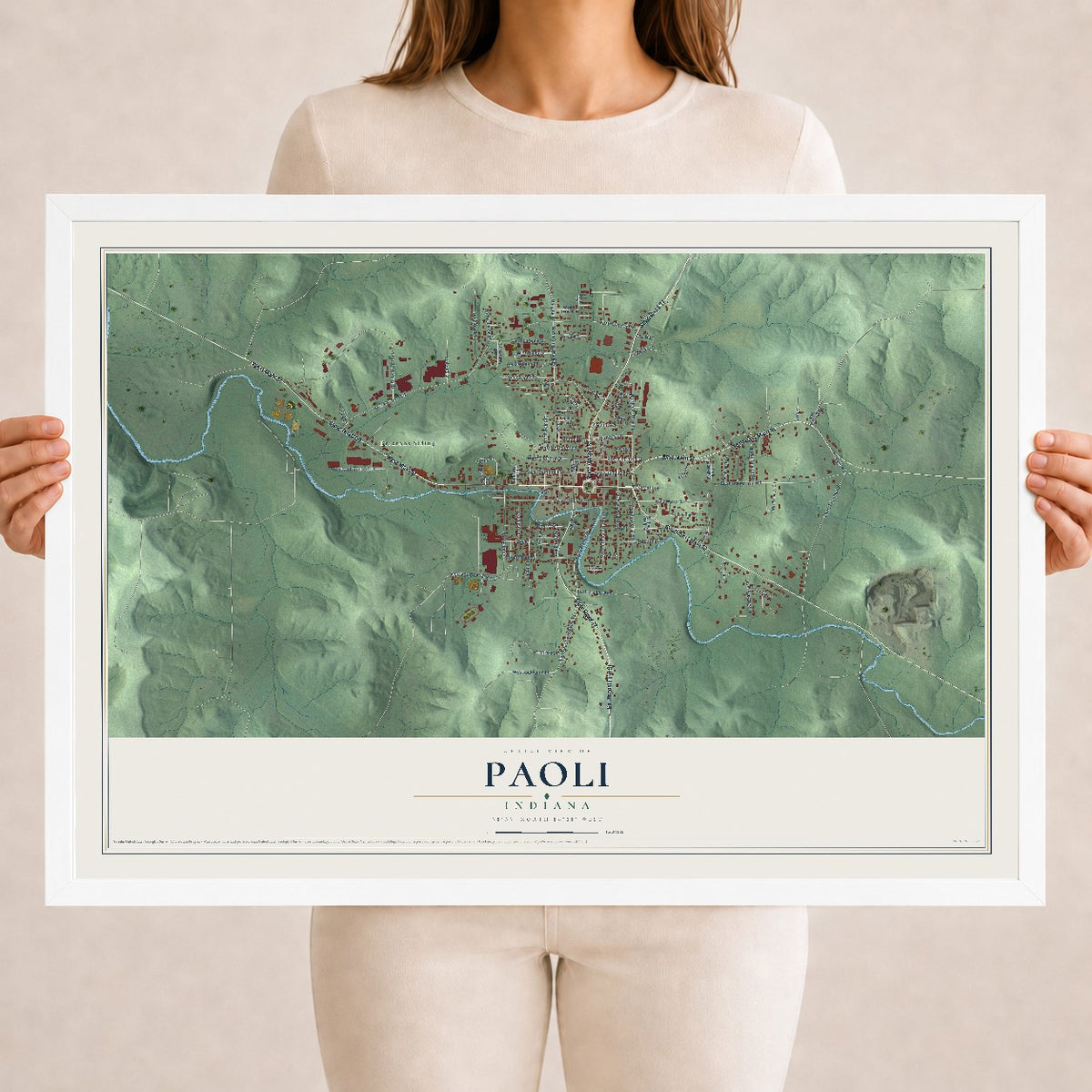 Map of Paoli, Indiana, 18 x 24 inch print in a white wood frame