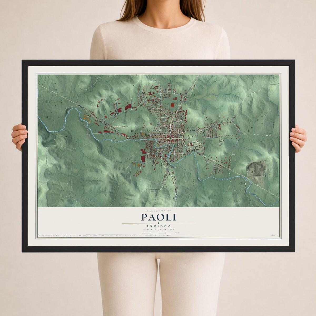 Map of Paoli, Indiana, 24 x 36 inch print in a black wood frame