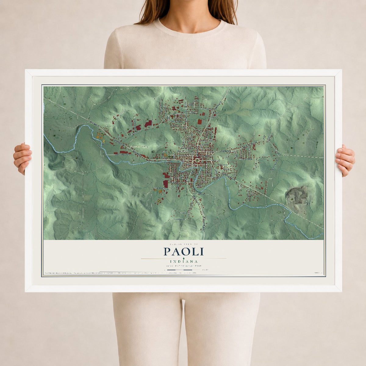 Map of Paoli, Indiana, 24 x 36 inch print in a white wood frame