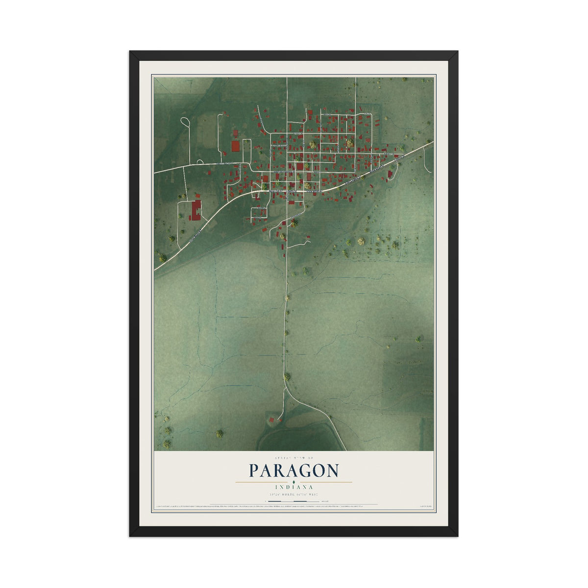 Map of Paragon, Indiana, 12 x 18 inch print in a black wood frame