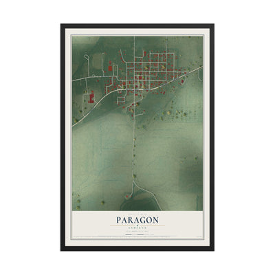 Map of Paragon, Indiana, 12 x 18 inch print in a black wood frame