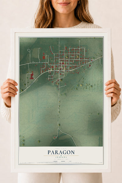 Map of Paragon, Indiana, 18 x 24 inch print in a white wood frame