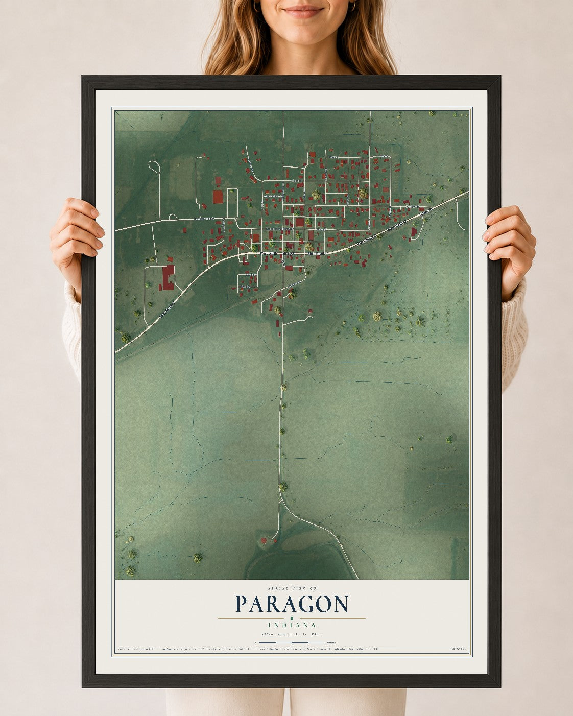 Map of Paragon, Indiana, 24 x 36 inch print in a black wood frame