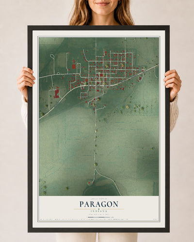 Map of Paragon, Indiana, 24 x 36 inch print in a black wood frame