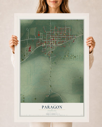 Map of Paragon, Indiana, 24 x 36 inch print in a white wood frame