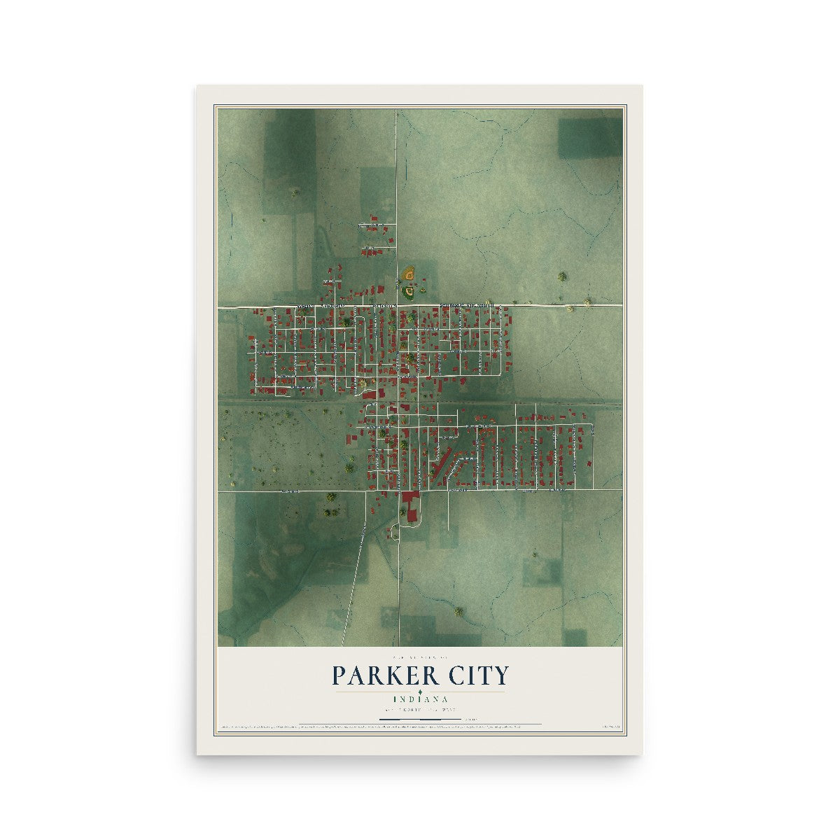 Map of Parker City, Indiana, 12 x 18 inch unframed archival matte print