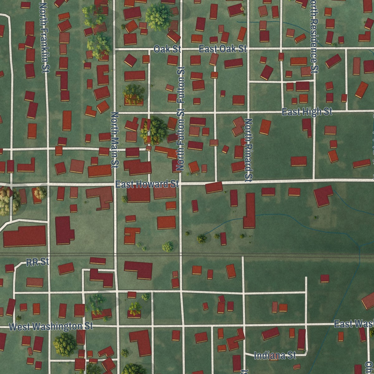 Close-up of the map of Parker City, Indiana print showing street and building detail