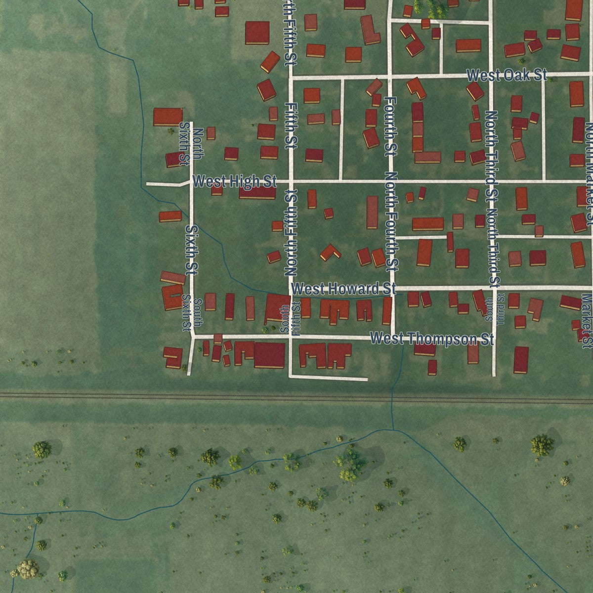 Second close-up of the map of Parker City, Indiana print showing more streets and buildings