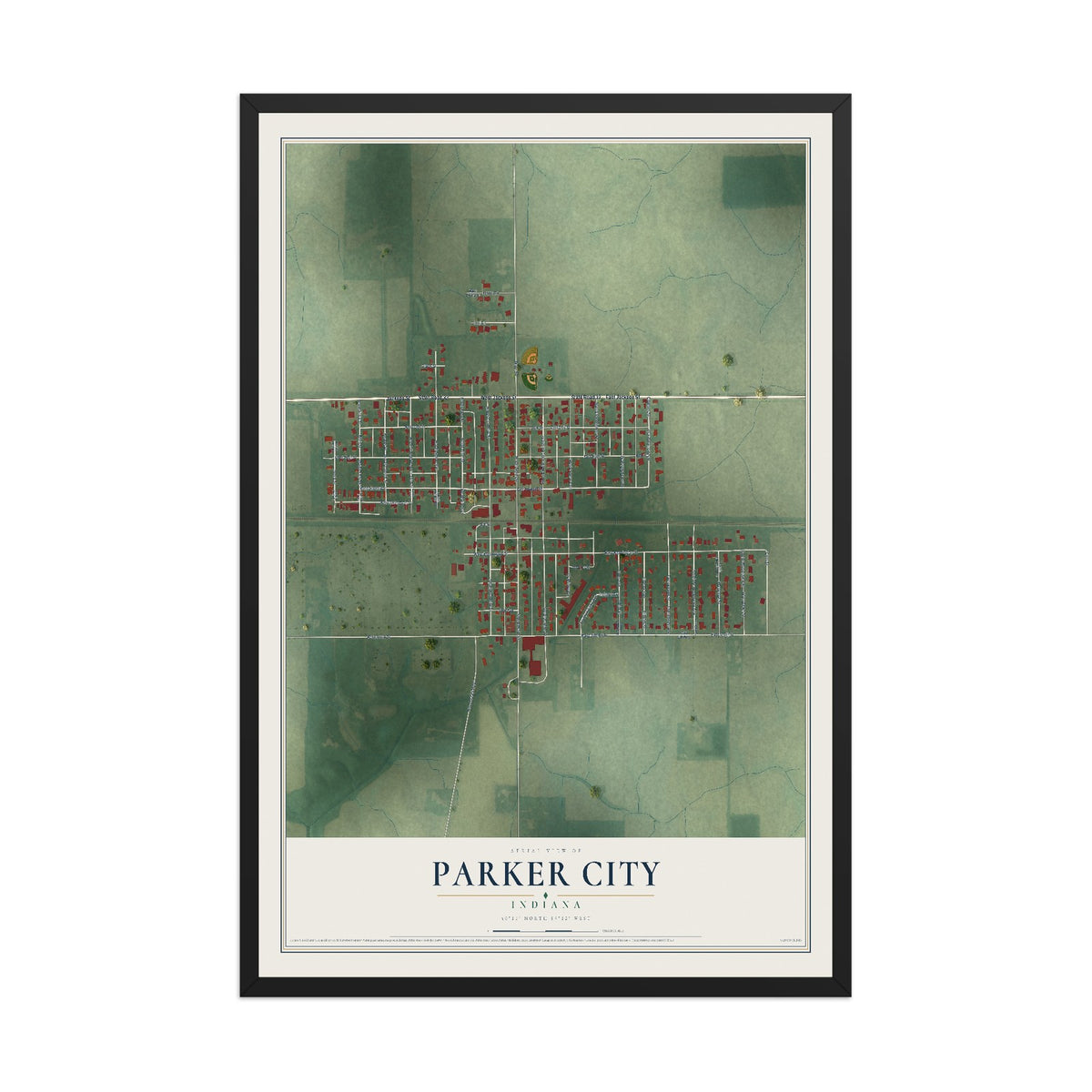 Map of Parker City, Indiana, 12 x 18 inch print in a black wood frame