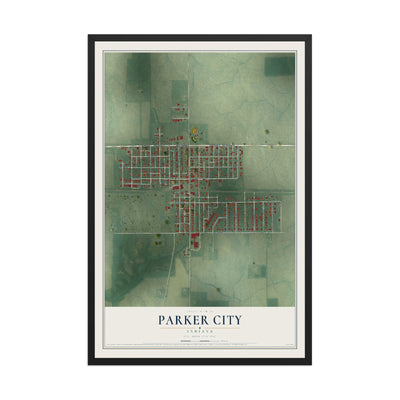 Map of Parker City, Indiana, 12 x 18 inch print in a black wood frame