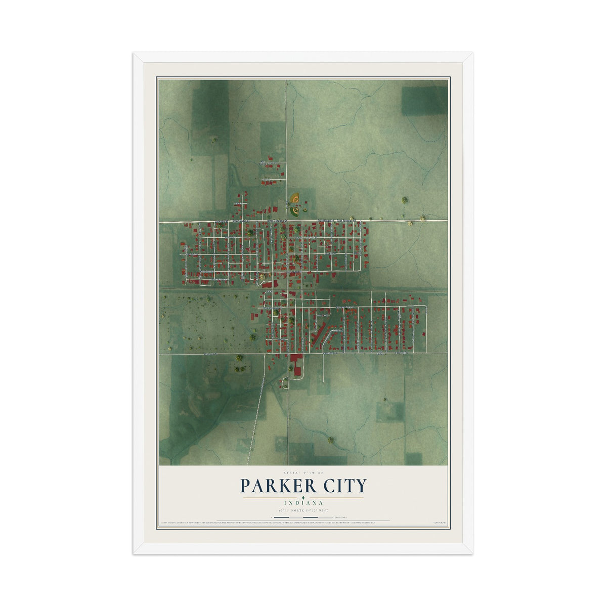 Map of Parker City, Indiana, 12 x 18 inch print in a white wood frame
