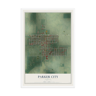 Map of Parker City, Indiana, 12 x 18 inch print in a white wood frame