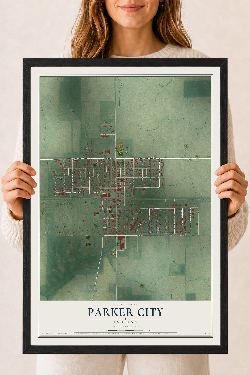 Map of Parker City, Indiana, 18 x 24 inch print in a black wood frame