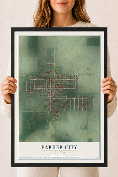 Map of Parker City, Indiana, 18 x 24 inch print in a black wood frame