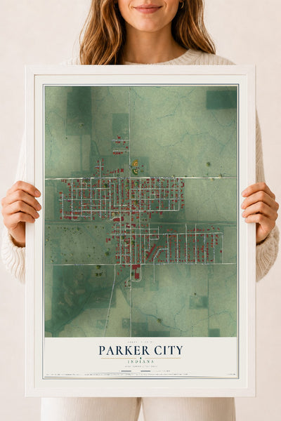 Map of Parker City, Indiana, 18 x 24 inch print in a white wood frame