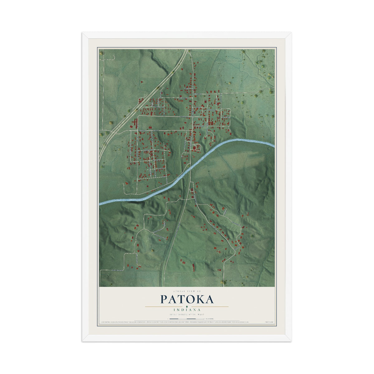 Map of Patoka, Indiana, 12 x 18 inch print in a white wood frame