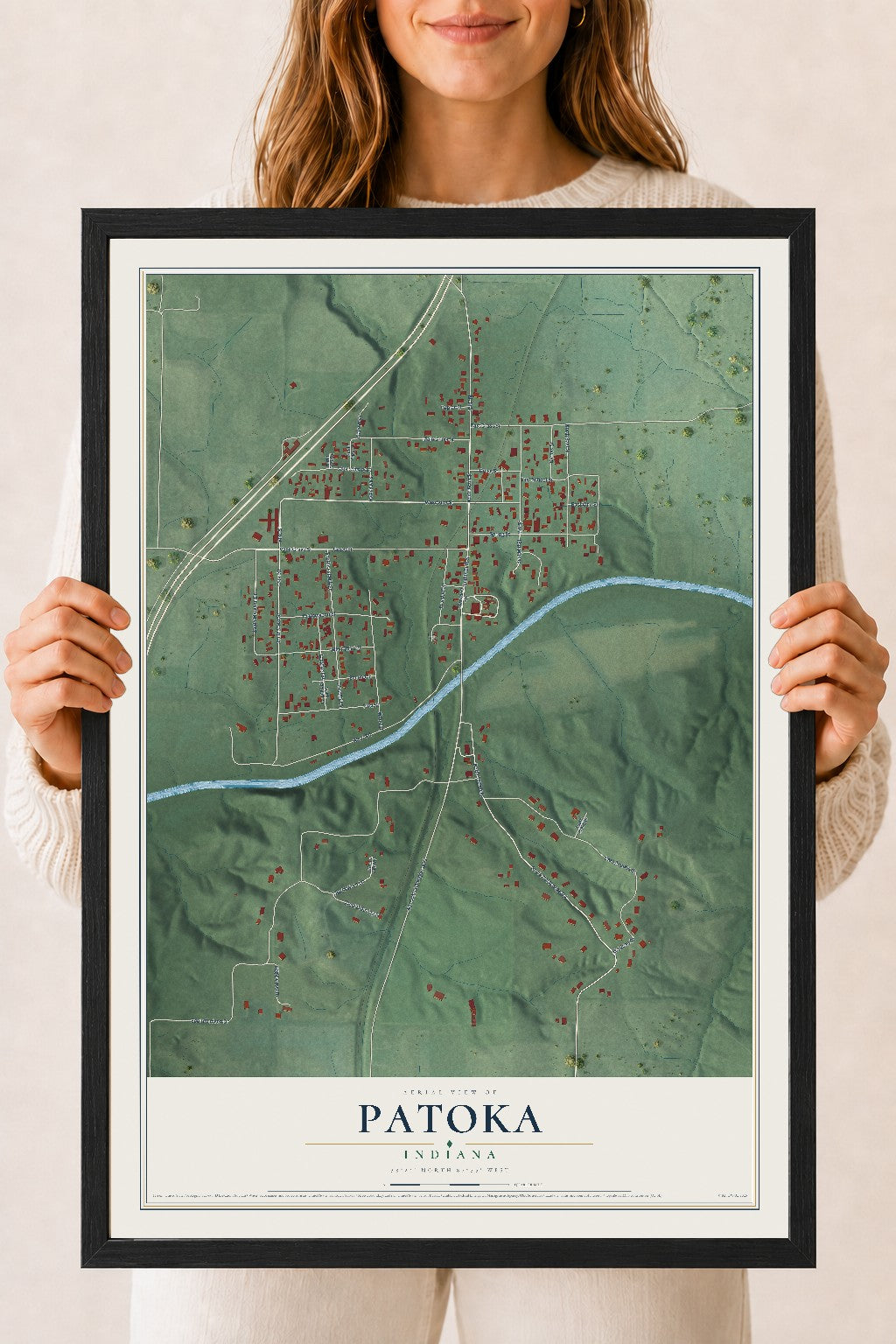 Map of Patoka, Indiana, 18 x 24 inch print in a black wood frame