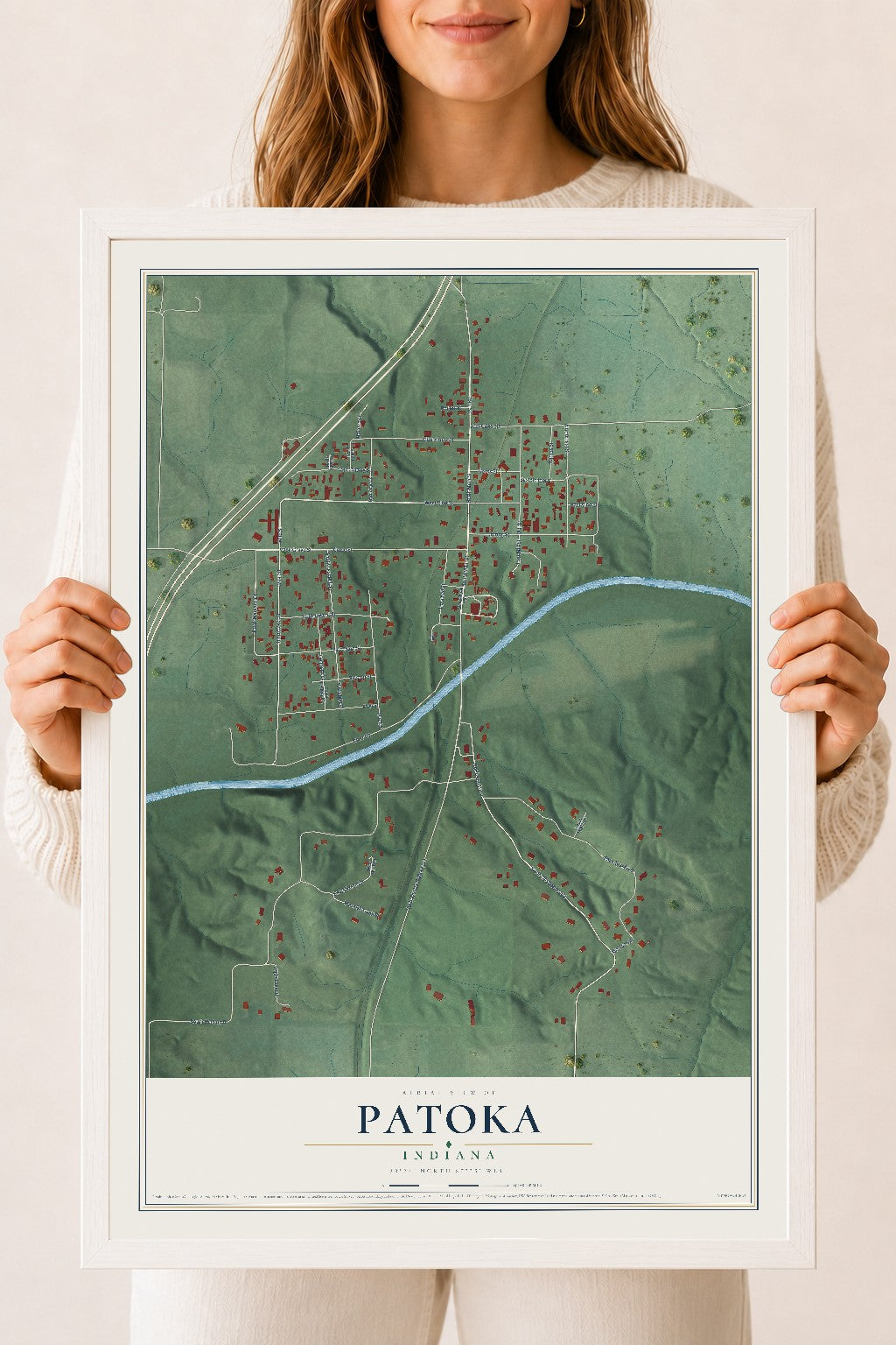 Map of Patoka, Indiana, 18 x 24 inch print in a white wood frame