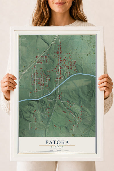 Map of Patoka, Indiana, 18 x 24 inch print in a white wood frame