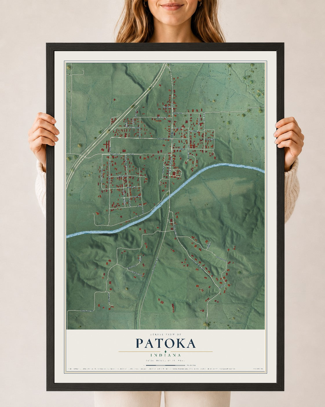 Map of Patoka, Indiana, 24 x 36 inch print in a black wood frame