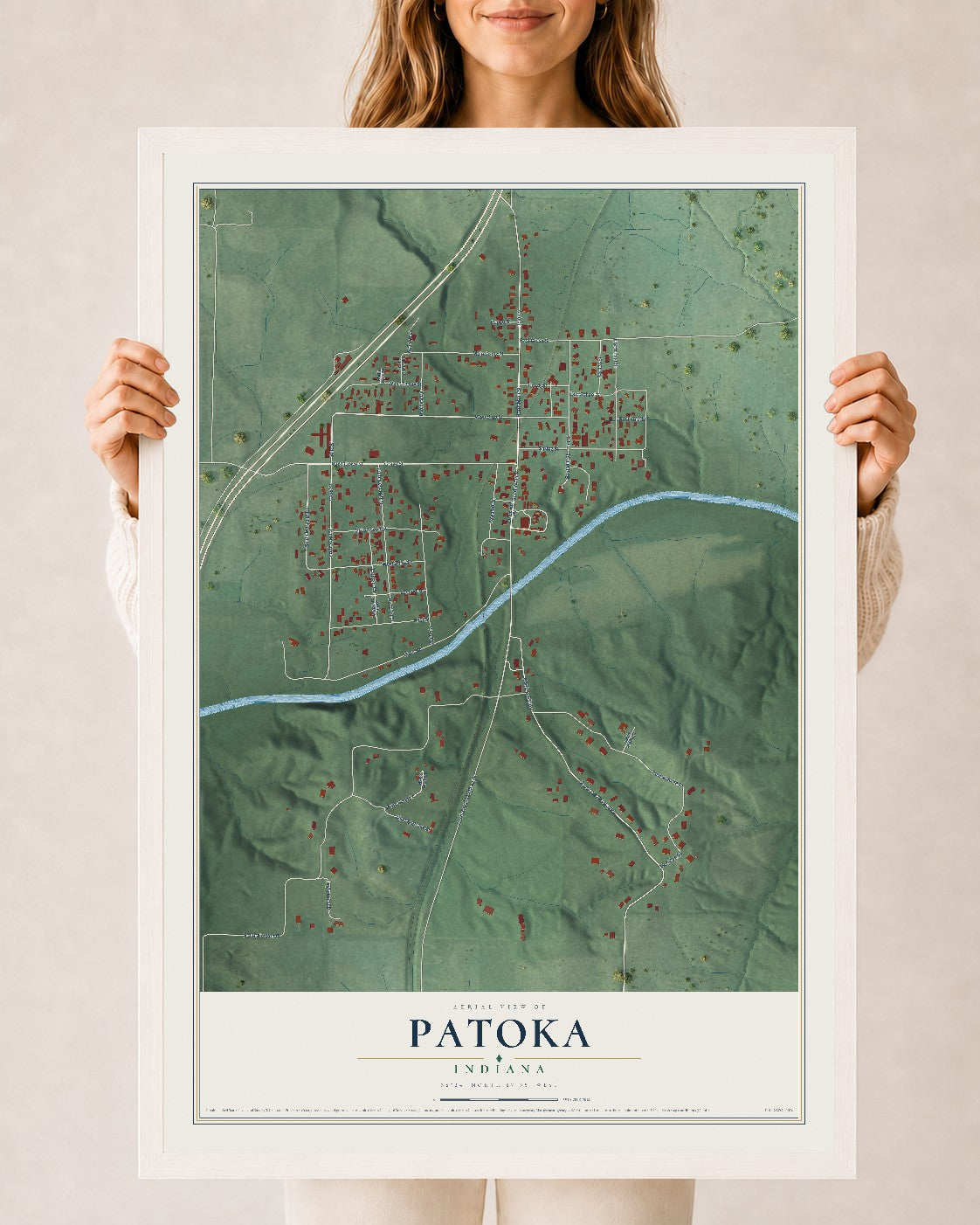 Map of Patoka, Indiana, 24 x 36 inch print in a white wood frame
