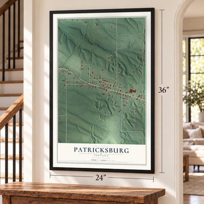 Patricksburg, Indiana map, 24 x 36 inch print in a black frame by a staircase