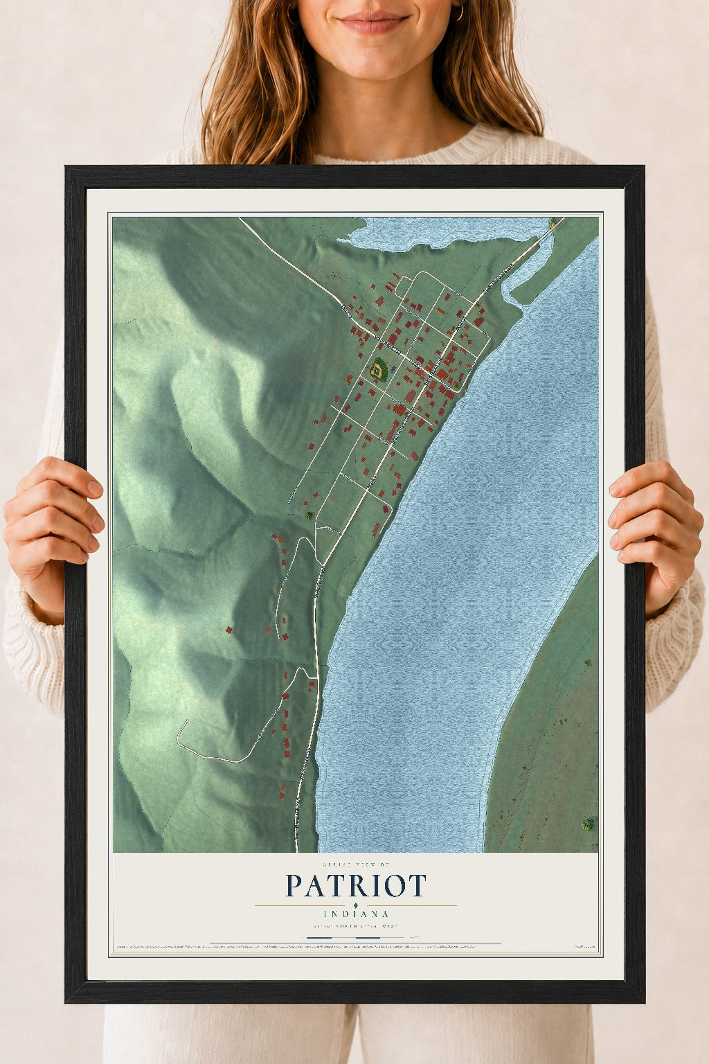 Map of Patriot, Indiana, 18 x 24 inch print in a black wood frame
