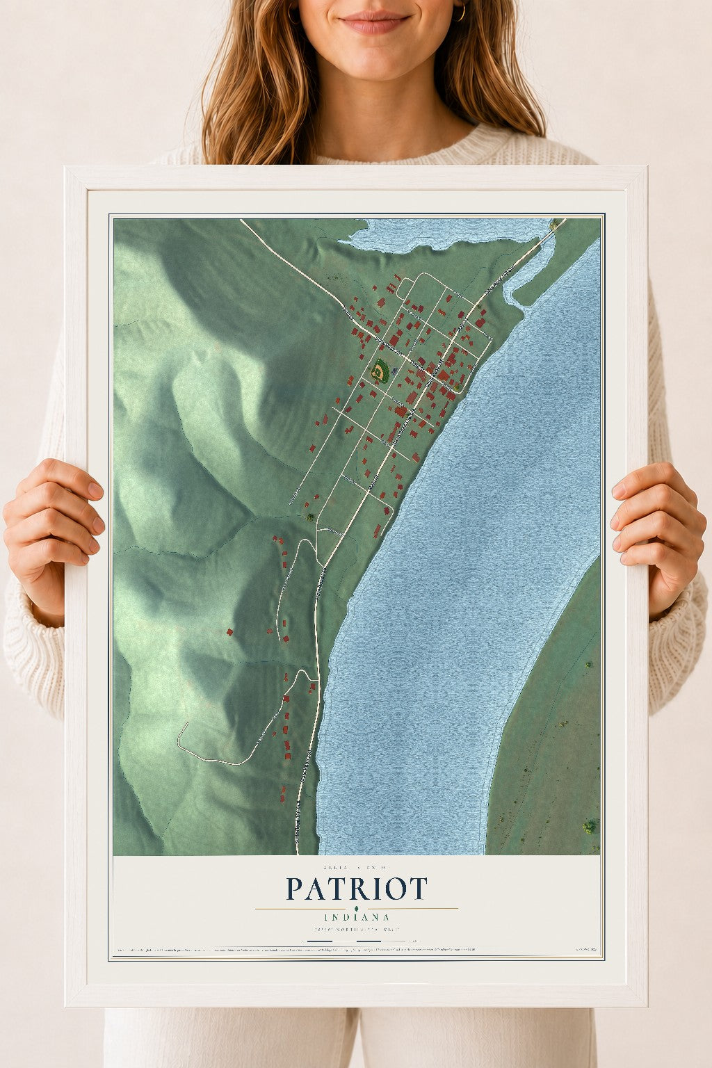 Map of Patriot, Indiana, 18 x 24 inch print in a white wood frame