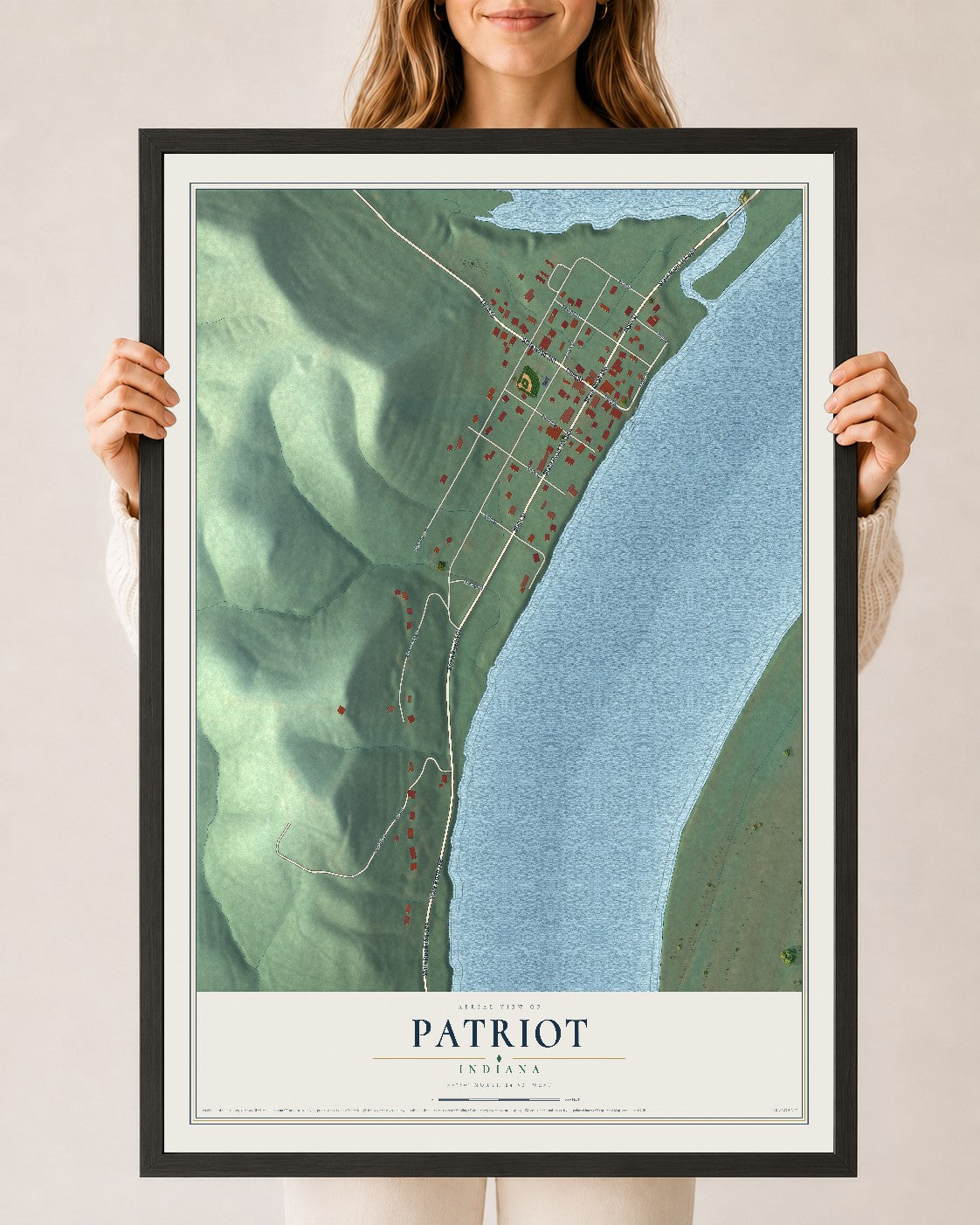 Map of Patriot, Indiana, 24 x 36 inch print in a black wood frame