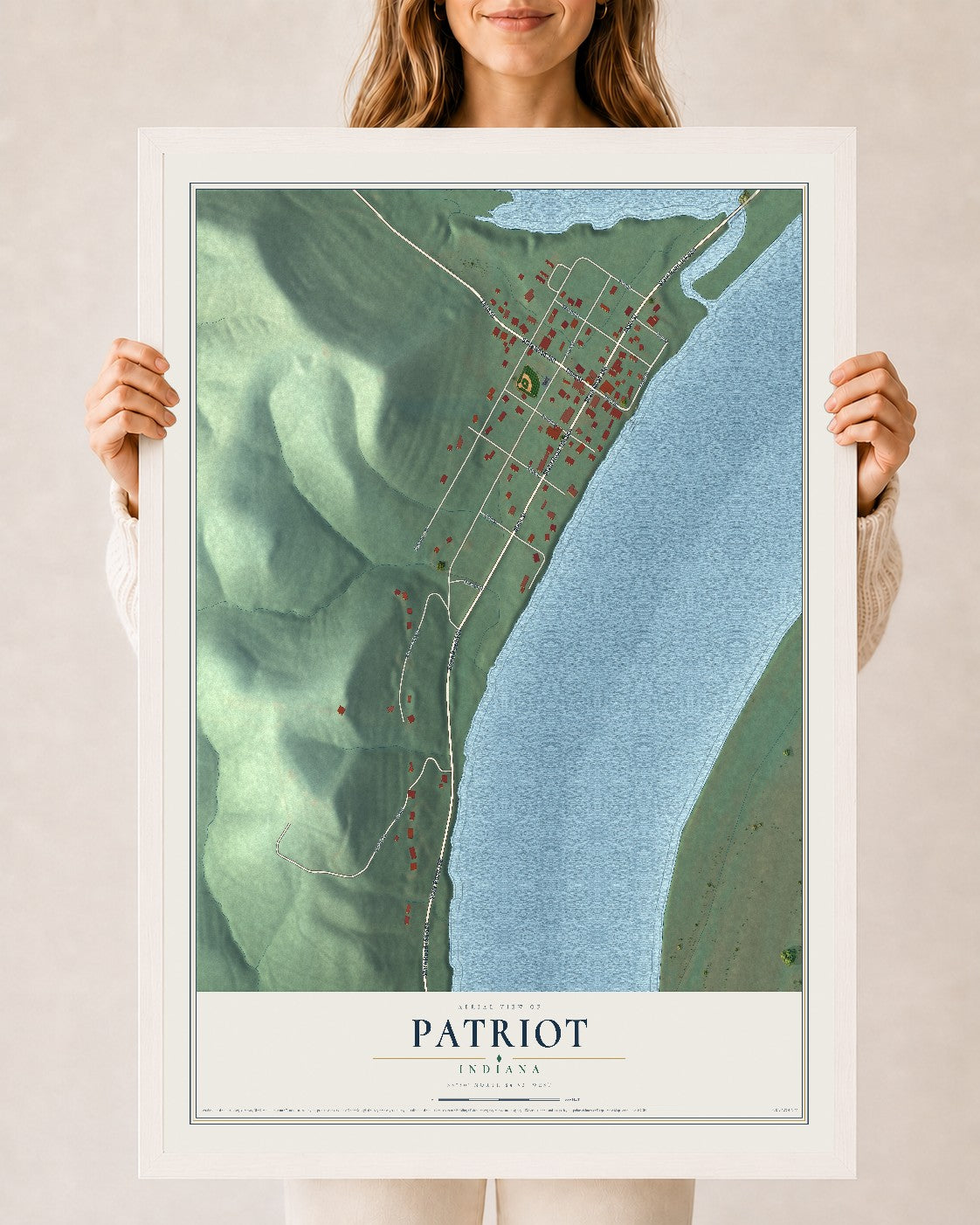 Map of Patriot, Indiana, 24 x 36 inch print in a white wood frame