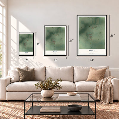 Pence, Indiana map in 12 x 18, 18 x 24 and 24 x 36 inch sizes above a sofa