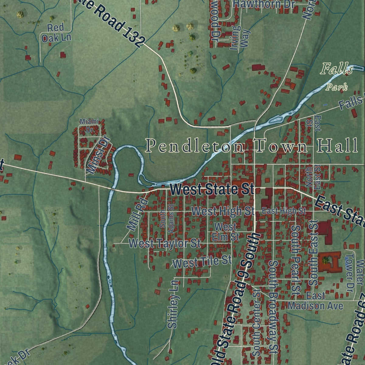 Close-up of the map of Pendleton, Indiana print showing street and building detail