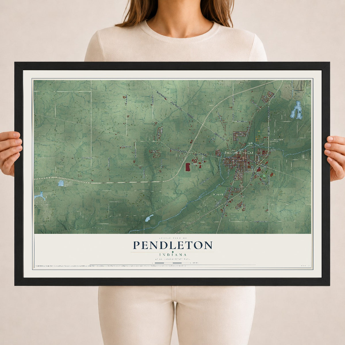 Map of Pendleton, Indiana, 18 x 24 inch print in a black wood frame