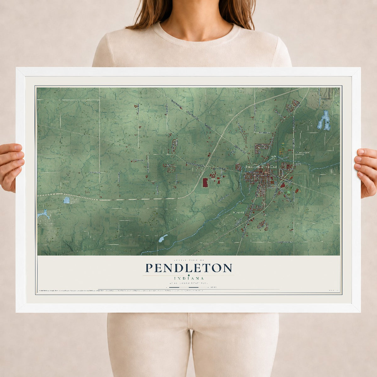 Map of Pendleton, Indiana, 18 x 24 inch print in a white wood frame