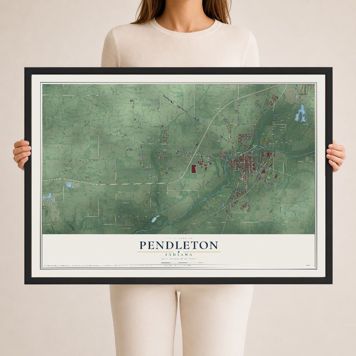 Map of Pendleton, Indiana, 24 x 36 inch print in a black wood frame