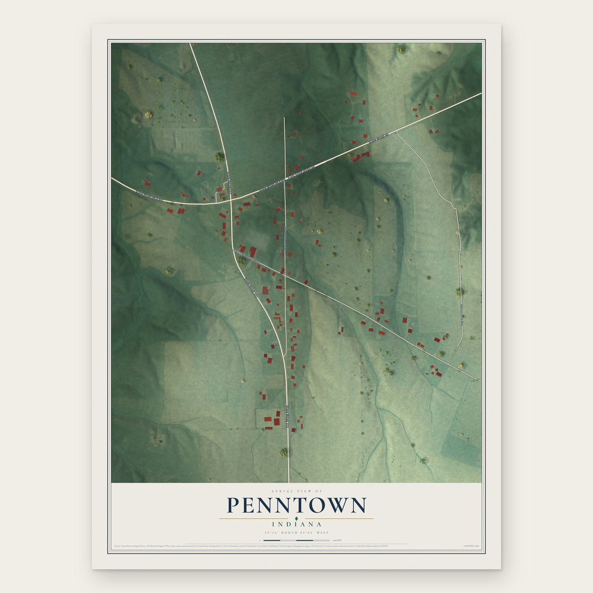 Penntown, Indiana map print, the full design