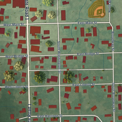 Close-up of the map of Pennville, Indiana print showing street and building detail