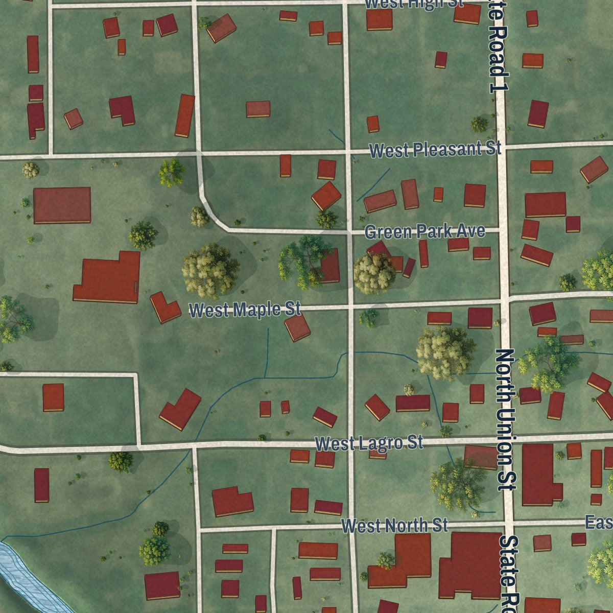 Second close-up of the map of Pennville, Indiana print showing more streets and buildings