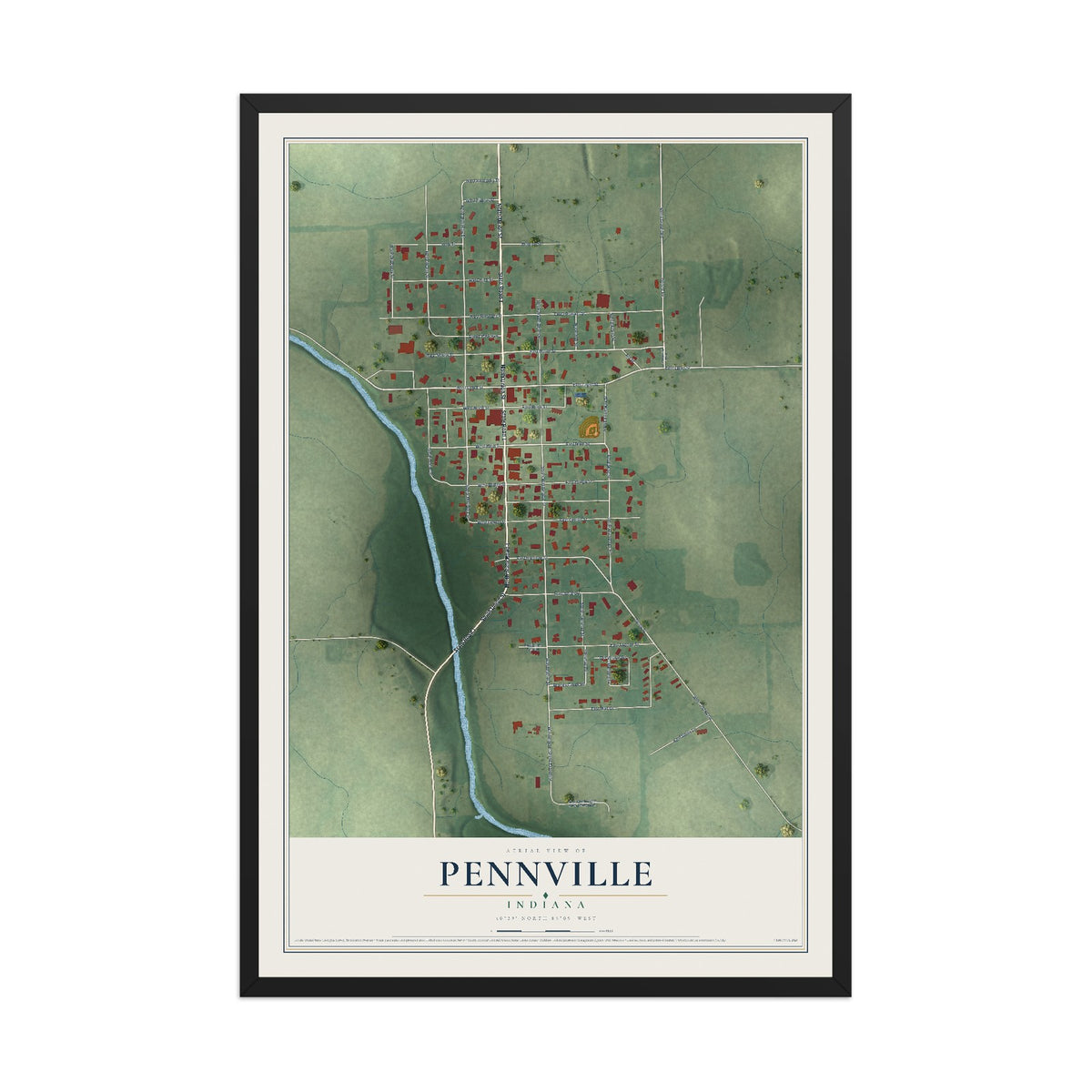 Map of Pennville, Indiana, 12 x 18 inch print in a black wood frame