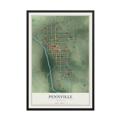 Map of Pennville, Indiana, 12 x 18 inch print in a black wood frame