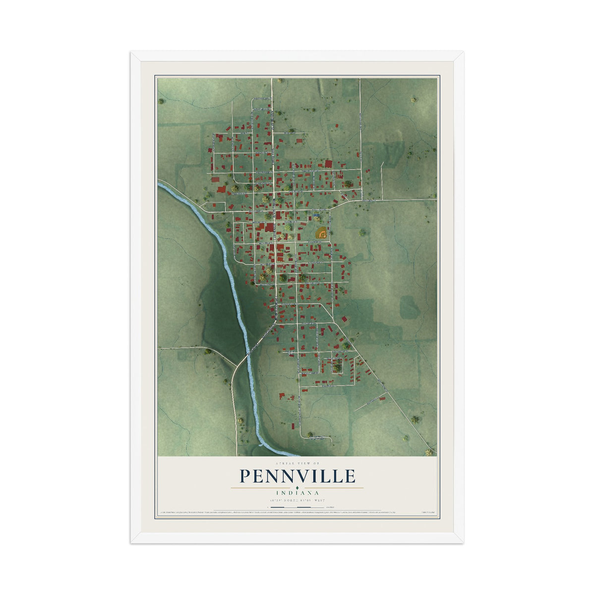 Map of Pennville, Indiana, 12 x 18 inch print in a white wood frame